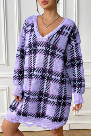 Shop Plaid V-Neck Long Sleeve Sweater Dress - High-Quality U.S. Made Women’s Fashion with Free Fast Shipping