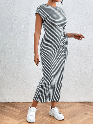 Shop Honey Tied Striped Round Neck Short Sleeve Tee Dress - High-Quality U.S. Made Women’s Fashion with Free Fast Shipping