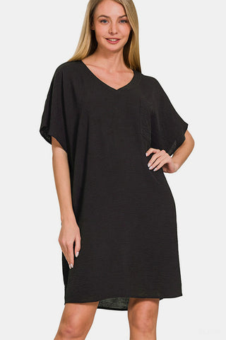 Shop Black Zenana V-Neck Tee Dress with Pockets - High-Quality U.S. Made Women’s Fashion with Free & Fast Shipping