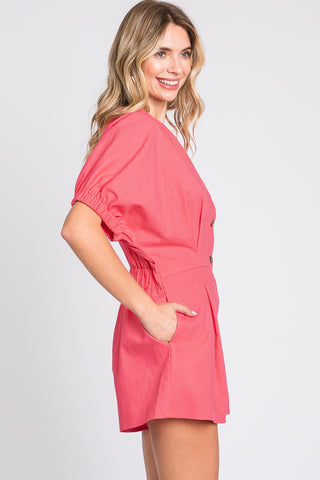 Shop GeeGee Half Button V-Neck Linen Romper - High-Quality U.S. Made Women’s Fashion with Free & Fast Shipping