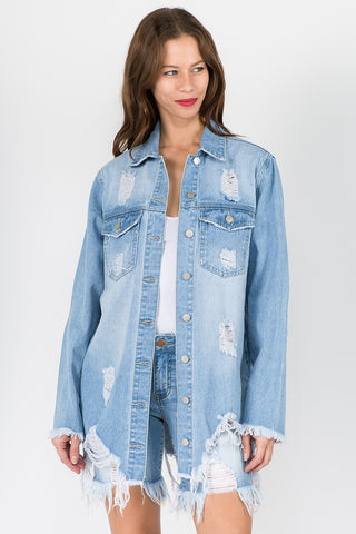 Shop American Bazi Distressed Frayed Hem Denim Jacket - High-Quality U.S. Made Women’s Fashion with Free Fast Shipping