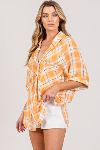 Shop SAGE + FIG Plaid Button Up Side Slit Shirt - High-Quality U.S. Made Women’s Fashion with Free & Fast Shipping