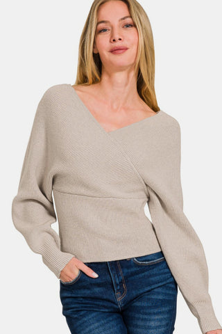 Shop H Mocha Zenana Cross Wrap Rib Long Sleeve Sweater - High-Quality U.S. Made Women’s Fashion with Free & Fast Shipping