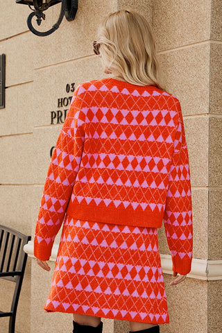 Shop Geometric Dropped Shoulder Cardigan and Knit Skirt Set - High-Quality U.S. Made Women’s Fashion with Free Fast Shipping