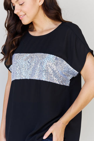 Shop Sew In Love Shine Bright Full Size Center Mesh Sequin Top in Black/Silver - High-Quality U.S. Made Women’s Fashion with Free & Fast Shipping