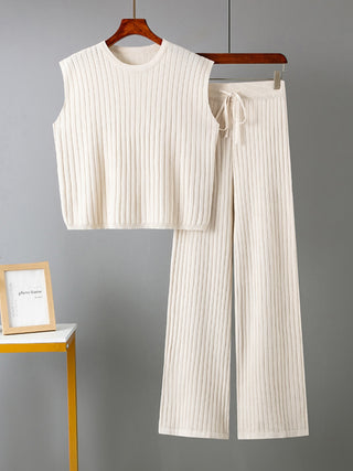 Shop Ribbed Sweater Vest and Drawstring Knit Pants Set - High-Quality U.S. Made Women’s Fashion with Free Fast Shipping