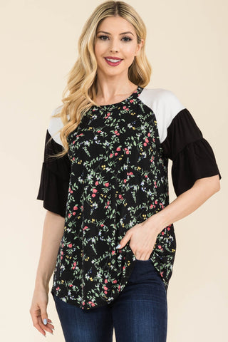 Shop Black Floral Celeste Full Size Floral Contrast Bell Sleeve Top - High-Quality U.S. Made Women’s Fashion with Free & Fast Shipping