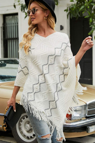 Shop Pearl Trim V-Neck Fringe Hem Poncho - High-Quality U.S. Made Women’s Fashion with Free Fast Shipping