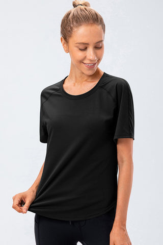 Shop Black Round Neck Raglan Sleeve Active Tee - High-Quality U.S. Made Women’s Fashion with Free & Fast Shipping