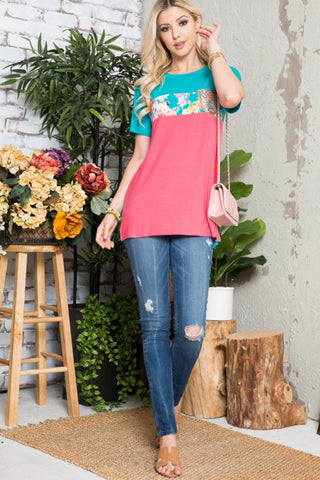 Shop Celeste Full Size Flower Print Contrast Short Sleeve T-Shirt - High-Quality U.S. Made Women’s Fashion with Free & Fast Shipping