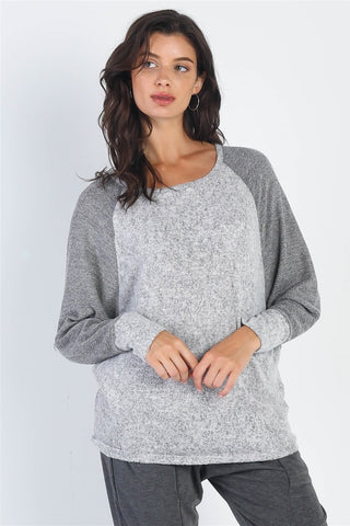 Shop Heather Grey Cherish Apparel Round Neck Long Sleeve Contrast Top - High-Quality U.S. Made Women’s Fashion with Free & Fast Shipping