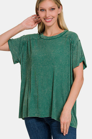 Shop DKGREEN Zenana Washed Ribbed Short Sleeve Top - High-Quality U.S. Made Women’s Fashion with Free & Fast Shipping