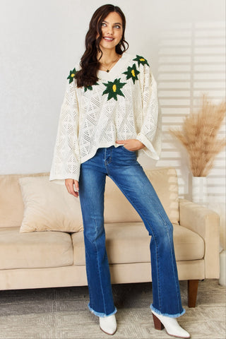 Shop POL Floral Embroidered Pattern V-Neck Sweater - High-Quality U.S. Made Women’s Fashion with Free Fast Shipping