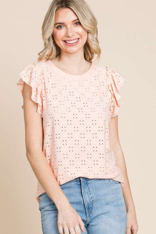 Shop TROPICALPEACH Culture Code Eyelet Round Neck Ruffled Cap Sleeve Top - High-Quality U.S. Made Women’s Fashion with Free & Fast Shipping