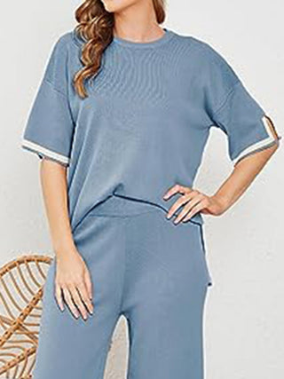 Shop Contrast High-Low Sweater and Knit Pants Set - High-Quality U.S. Made Women’s Fashion with Free Fast Shipping