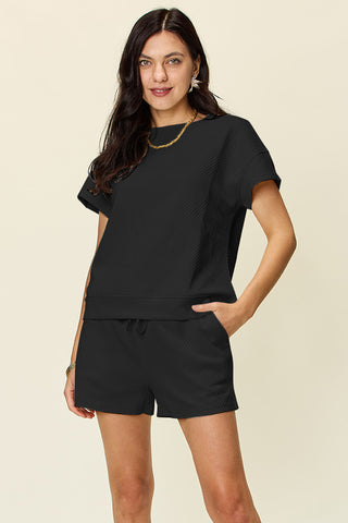 Shop Double Take Full Size Texture Short Sleeve T-Shirt and Drawstring Shorts Set - High-Quality U.S. Made Women’s Fashion with Free Fast Shipping