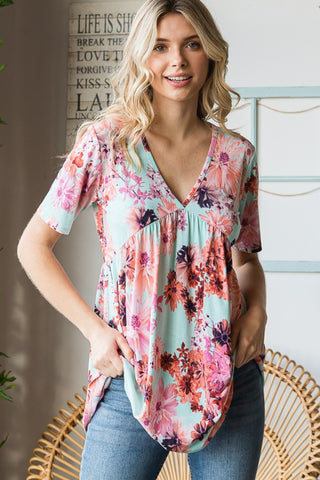 Shop Heimish Full Size Floral V-Neck Short Sleeve Babydoll Blouse - High-Quality U.S. Made Women’s Fashion with Free & Fast Shipping