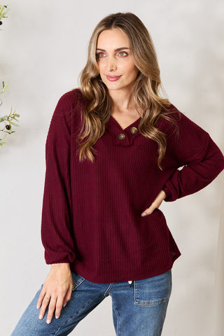 Shop Dark Burgundy Zenana Buttoned V-Neck Long Sleeve Blouse - High-Quality U.S. Made Women’s Fashion with Free & Fast Shipping