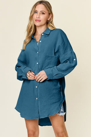 Shop Dark Blue Double Take Full Size Pocketed Texture Button Up Shirt - High-Quality U.S. Made Women’s Fashion with Free & Fast Shipping