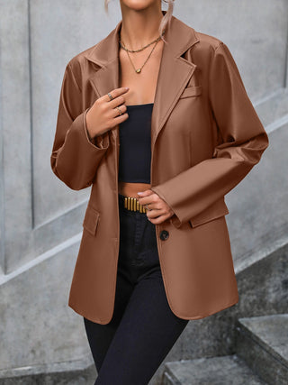 Shop Brown Pocketed Button Up Collared Neck Blazer - High-Quality U.S. Made Women’s Fashion with Free & Fast Shipping