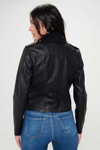 Shop Coalition LA Knit Collared Faux Leather Crop Jacket - High-Quality U.S. Made Women’s Fashion with Free Fast Shipping