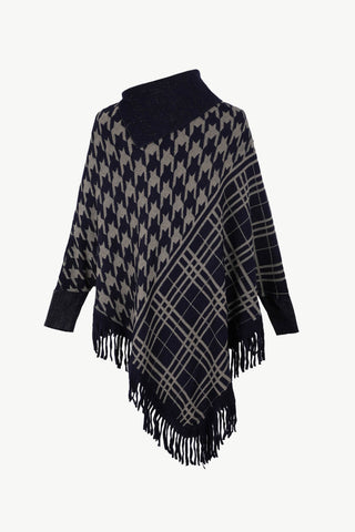 Shop Houndstooth Turtleneck Fringe Hem Poncho - High-Quality U.S. Made Women’s Fashion with Free Fast Shipping