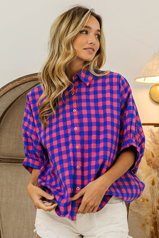 Shop BiBi Plaid Button Up Dolman Sleeve Shirt - High-Quality U.S. Made Women’s Fashion with Free & Fast Shipping