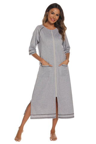 Shop Zip Up Slit Round Neck Night Dress with Pockets - High-Quality U.S. Made Women’s Fashion with Free Fast Shipping