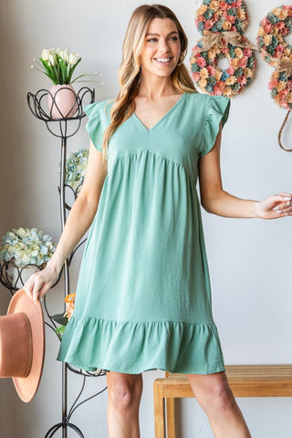 Shop Dusty Sage Heimish Full Size Short Sleeve V Neck Ruffled Hem Dress - High-Quality U.S. Made Women’s Fashion with Free & Fast Shipping