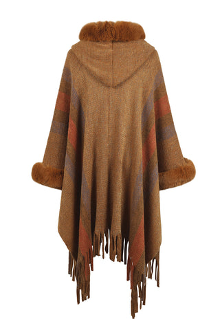 Shop Color Block Fringe Detail Poncho - High-Quality U.S. Made Women’s Fashion with Free Fast Shipping