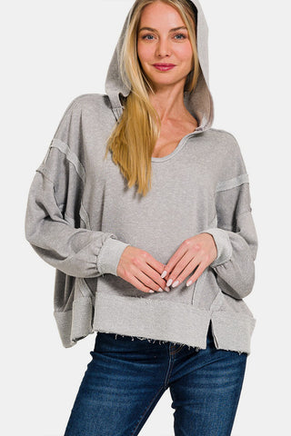 Shop Grey Zenana Contrast Trim Slit Hoodie - High-Quality U.S. Made Women’s Fashion with Free & Fast Shipping