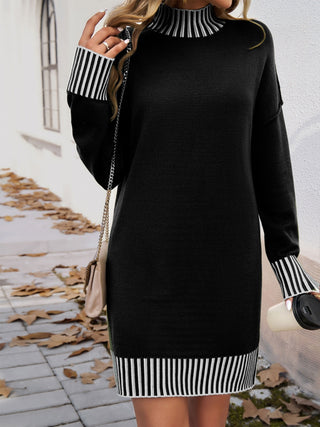 Shop Striped Mock Neck Long Sleeve Sweater Dress - High-Quality U.S. Made Women’s Fashion with Free & Fast Shipping