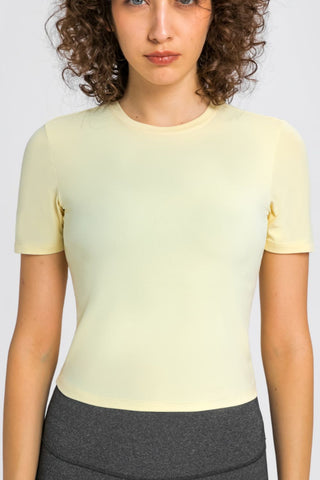 Shop Yellow Millennia Round Neck Short Sleeve Yoga Tee - High-Quality U.S. Made Women’s Fashion with Free & Fast Shipping