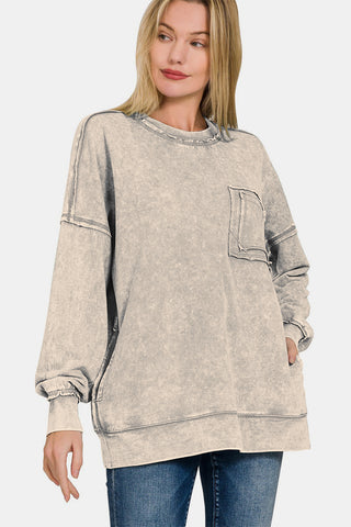 Shop Zenana Exposed Seam Round Neck Dropped Shoulder Sweatshirt - High-Quality U.S. Made Women’s Fashion with Free & Fast Shipping