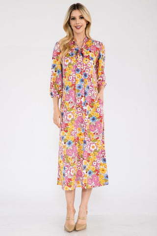 Shop Celeste Full Size Floral Midi Dress with Bow Tied - High-Quality U.S. Made Women’s Fashion with Free & Fast Shipping