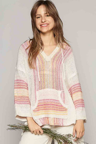 Shop Natural Multi POL Striped Hooded Long Sleeve Sweater - High-Quality U.S. Made Women’s Fashion with Free & Fast Shipping