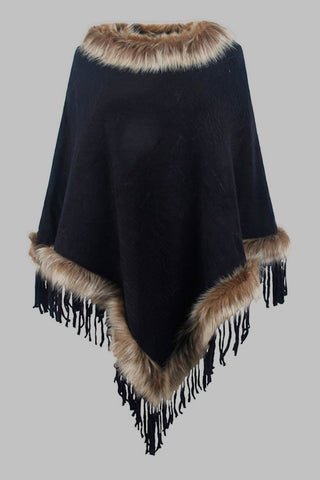 Shop Black One Size Faux Fur Trim Fringed Poncho - High-Quality U.S. Made Women’s Fashion with Free & Fast Shipping