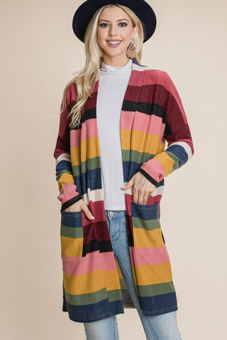 Shop BOMBOM Color Block Striped Open Front Cardigan - High-Quality U.S. Made Women’s Fashion with Free Fast Shipping