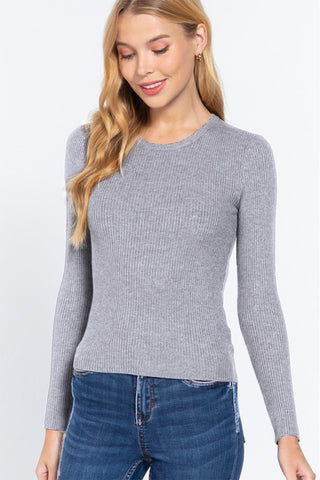 Shop GREY ACTIVE BASIC Full Size Ribbed Round Neck Long Sleeve Knit Top - High-Quality U.S. Made Women’s Fashion with Free & Fast Shipping