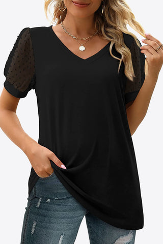 Shop Swiss Dot Puff Sleeve V-Neck Tee - High-Quality U.S. Made Women’s Fashion with Free & Fast Shipping