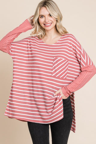 Shop Culture Code Oversize Striped Round Neck Long Sleeve Slit T-Shirt - High-Quality U.S. Made Women’s Fashion with Free & Fast Shipping