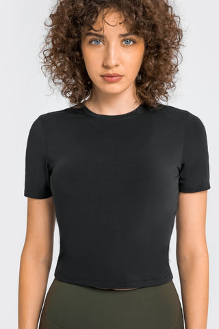 Shop Black Millennia Round Neck Short Sleeve Yoga Tee - High-Quality U.S. Made Women’s Fashion with Free & Fast Shipping