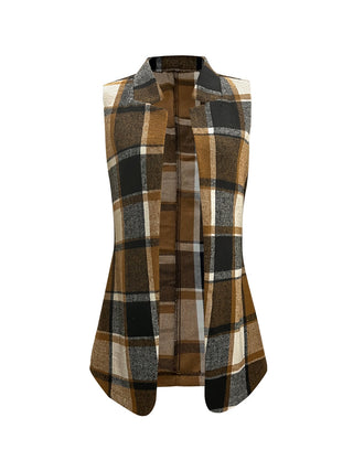 Shop Plaid Open Front Collared Neck Vest - High-Quality U.S. Made Women’s Fashion with Free Fast Shipping