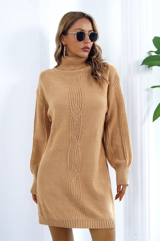 Shop Camel Openwork Turtleneck Long Sleeve Sweater Dress - High-Quality U.S. Made Women’s Fashion with Free & Fast Shipping