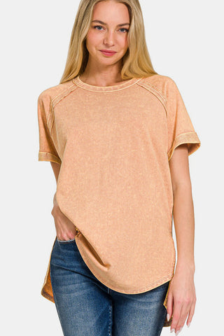 Shop Brush Zenana Heathered Round Neck Short Sleeve Top - High-Quality U.S. Made Women’s Fashion with Free & Fast Shipping