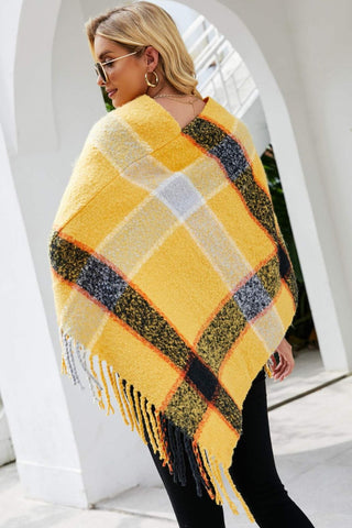 Shop Plaid Fringe Detail Poncho - High-Quality U.S. Made Women’s Fashion with Free & Fast Shipping