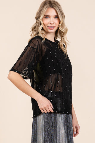 Shop GeeGee Round Neck Drop Shoulder Mesh Glitter Top - High-Quality U.S. Made Women’s Fashion with Free & Fast Shipping