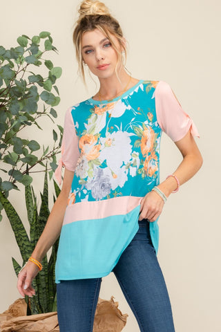 Shop Mint Floral Celeste Full Size Open Tie Sleeve Floral Contrast Top - High-Quality U.S. Made Women’s Fashion with Free & Fast Shipping