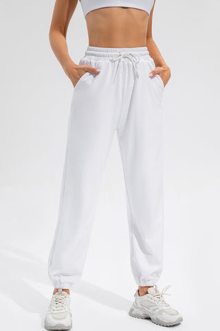 Shop White Drawstring Active Pants with Pockets - High-Quality U.S. Made Women’s Fashion with Free & Fast Shipping