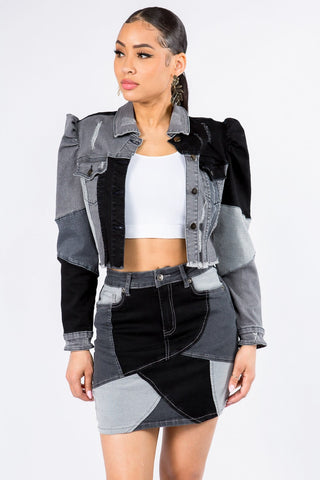 Shop Black American Bazi Button Up Cropped Patchwork Denim Jacket - High-Quality U.S. Made Women’s Fashion with Free & Fast Shipping